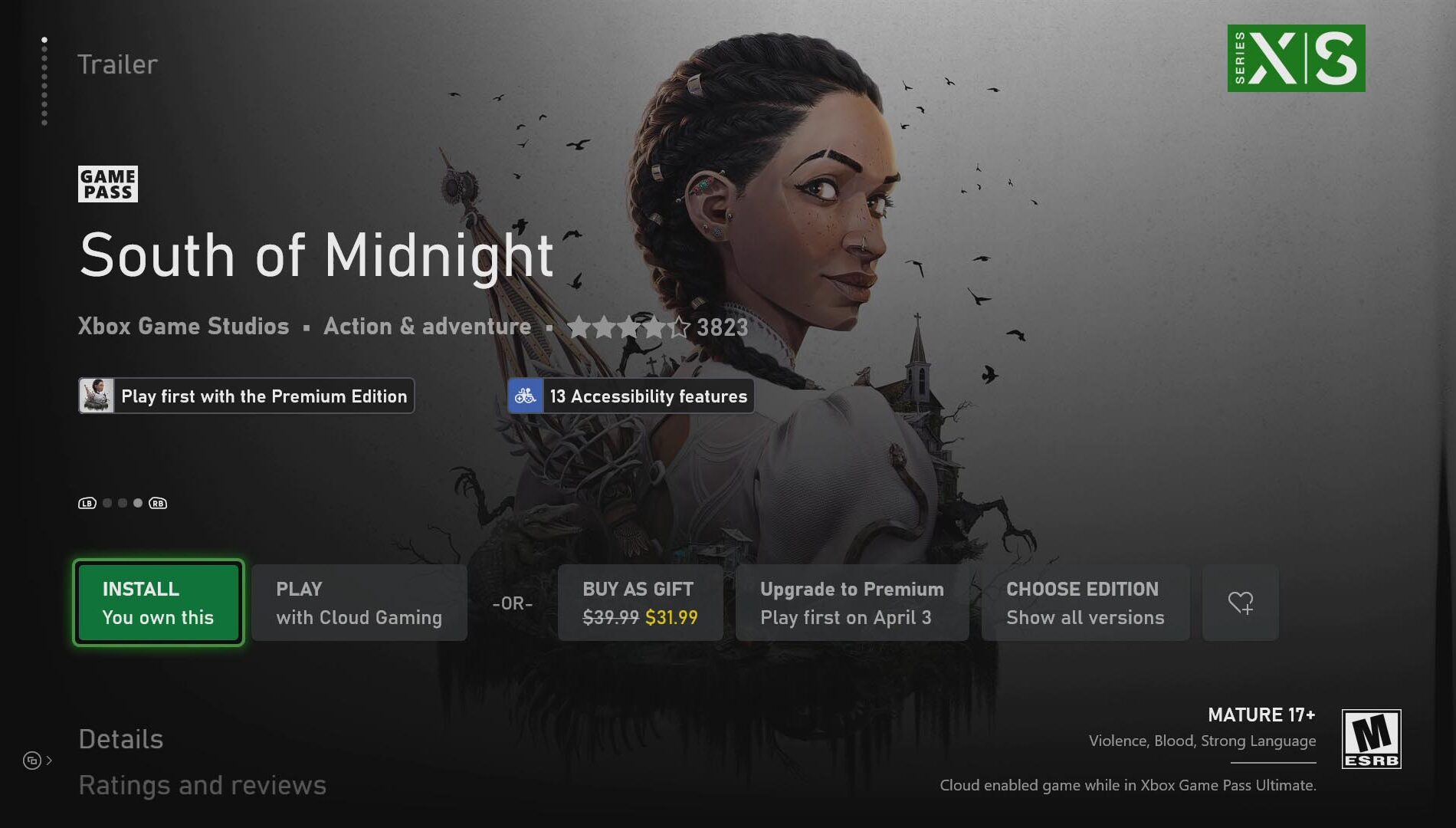 「South of Midnight」の Xbox 英語版商品ページ。アクセシビリティのシンボルと「13 のアクセシビリティ機能」というテキストが表示。