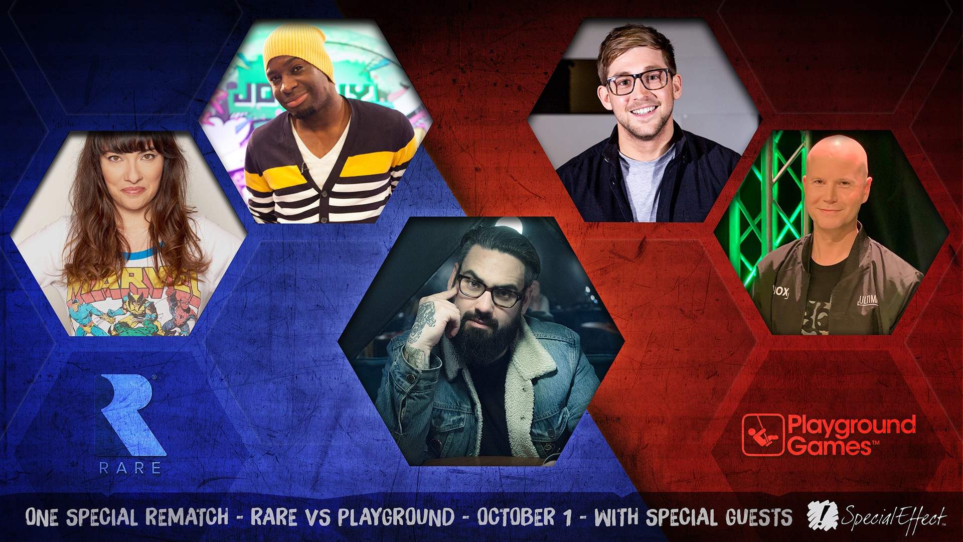 The commentary team line-up for the Rare vs. Playground football match, presented in a stylized graphic.
