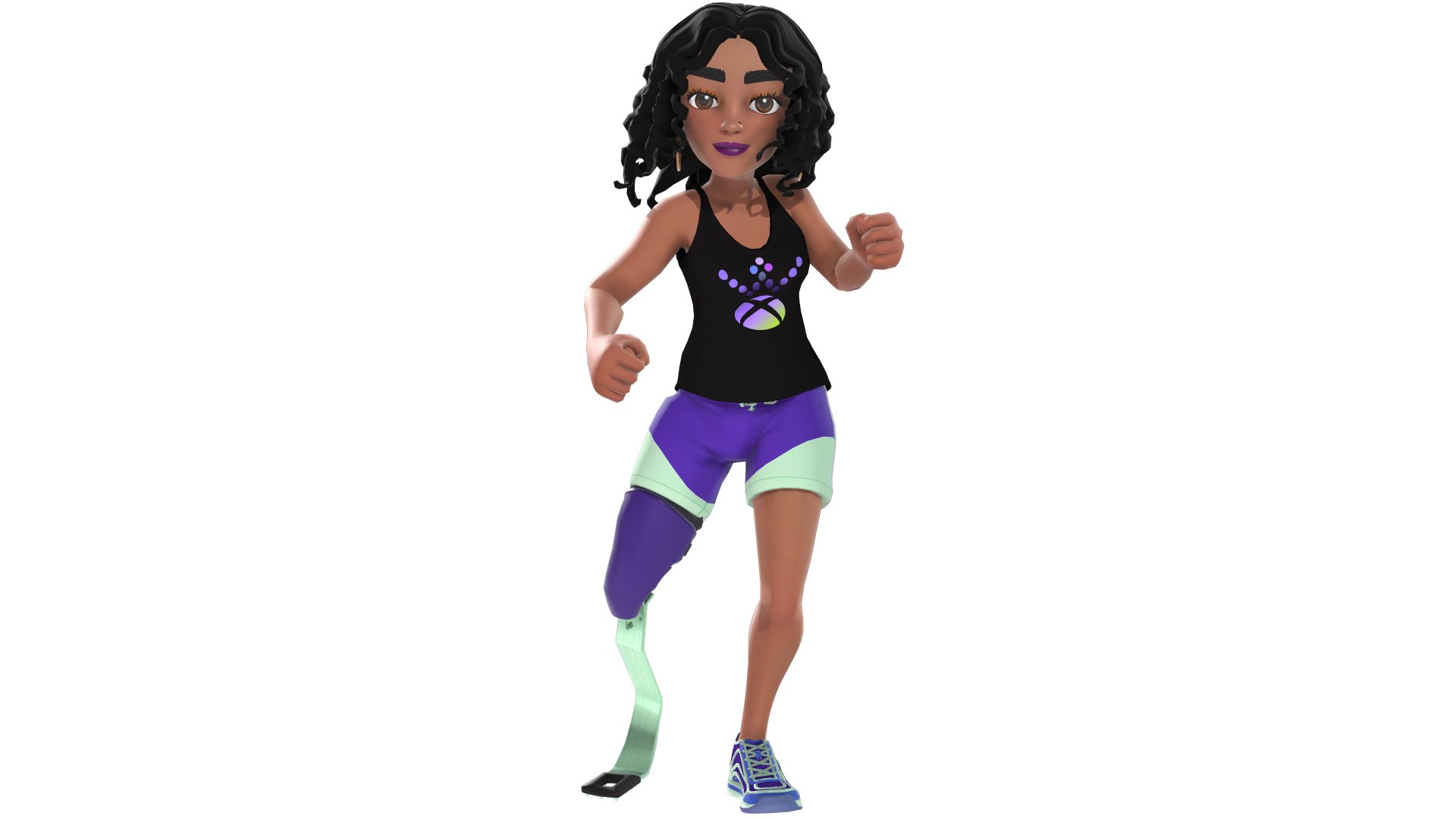 Excited Xbox Avatar posed with International Woman’s Day themed tank top, shorts, shoes, and athletic leg prosthetic.