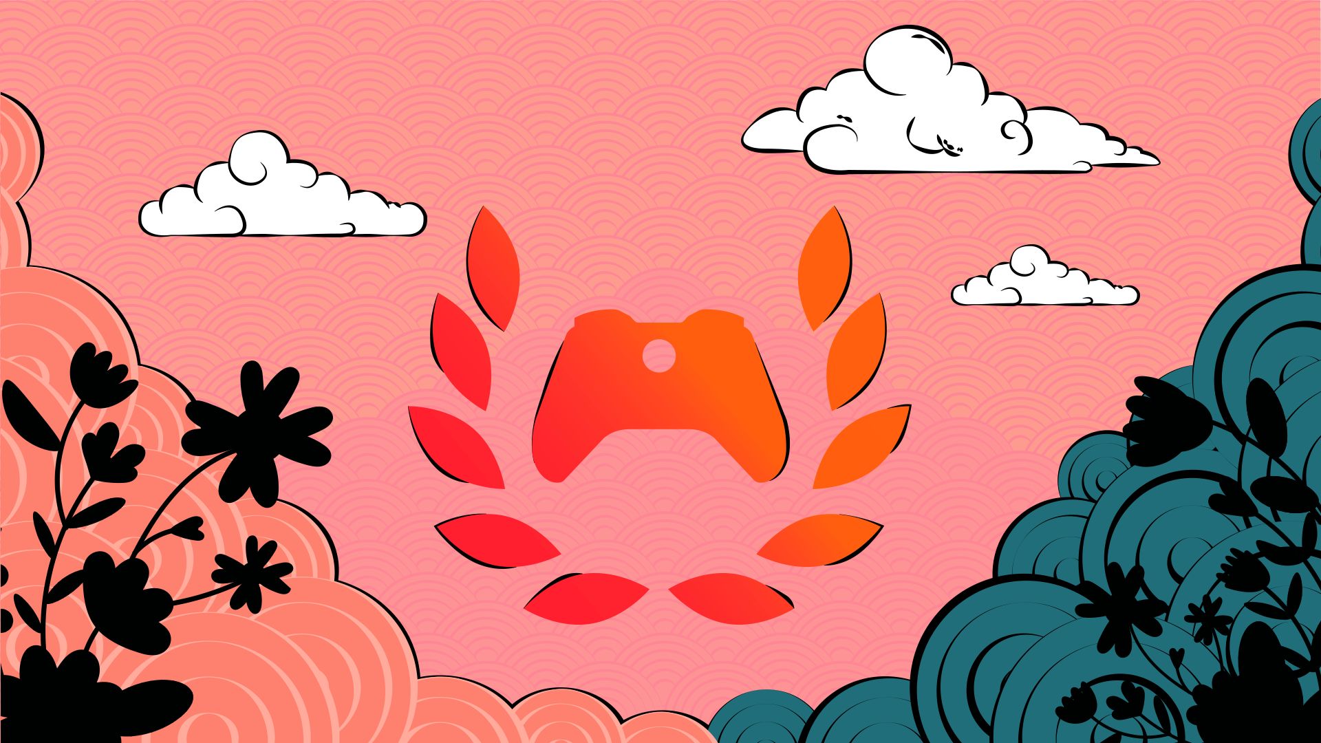 The Xbox Ambassadors logo colored in orange on a light red, pink and light blue circular textured background with clouds and flowery silhouettes.