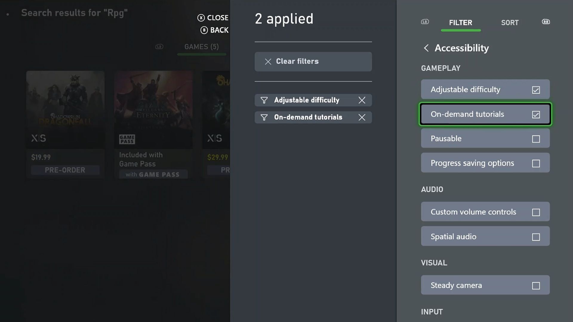 Filter capability highlighted in Xbox Store, with adjustable difficulty and On-Demand Tutorials tag under GamePlay category selected, and both tags applied.