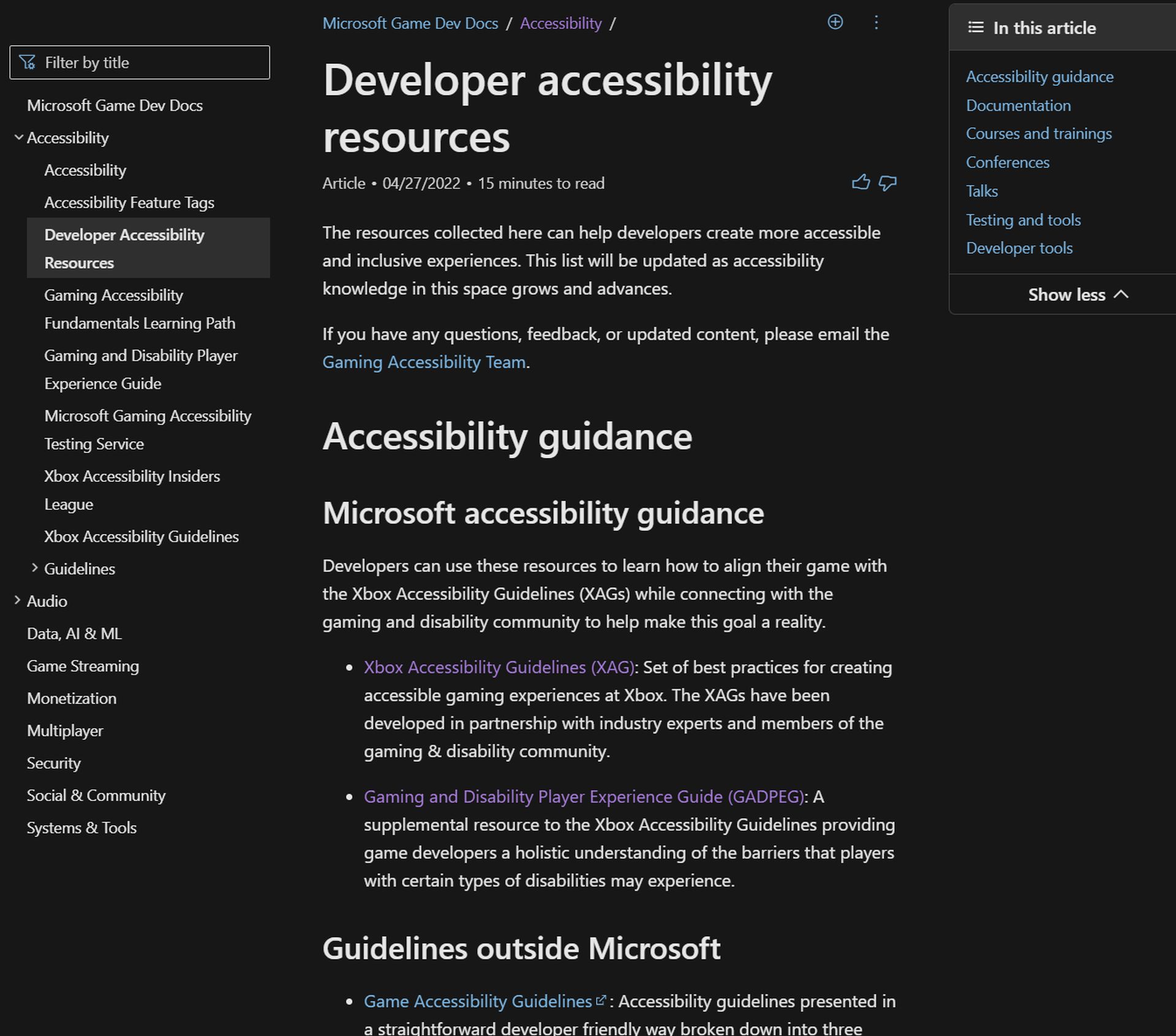 Gaming Developer Accessibility Resource Hub landing page shown in dark mode with accessibility guidance, documentation, courses and trainings, conferences, testing tools and developer tools