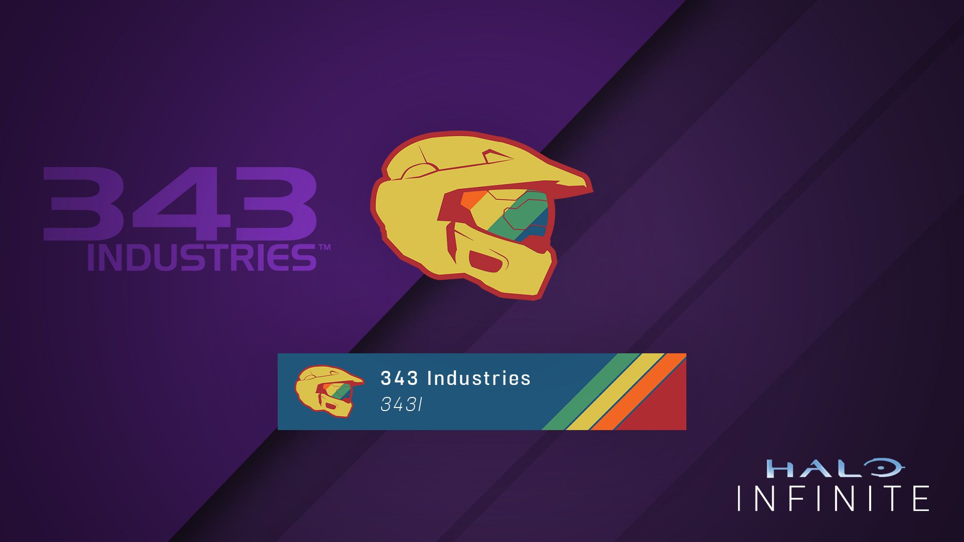 Master Chief helmet with red, orange, yellow, green, and blue bands in its visor above a nameplate containing the same helmet.  