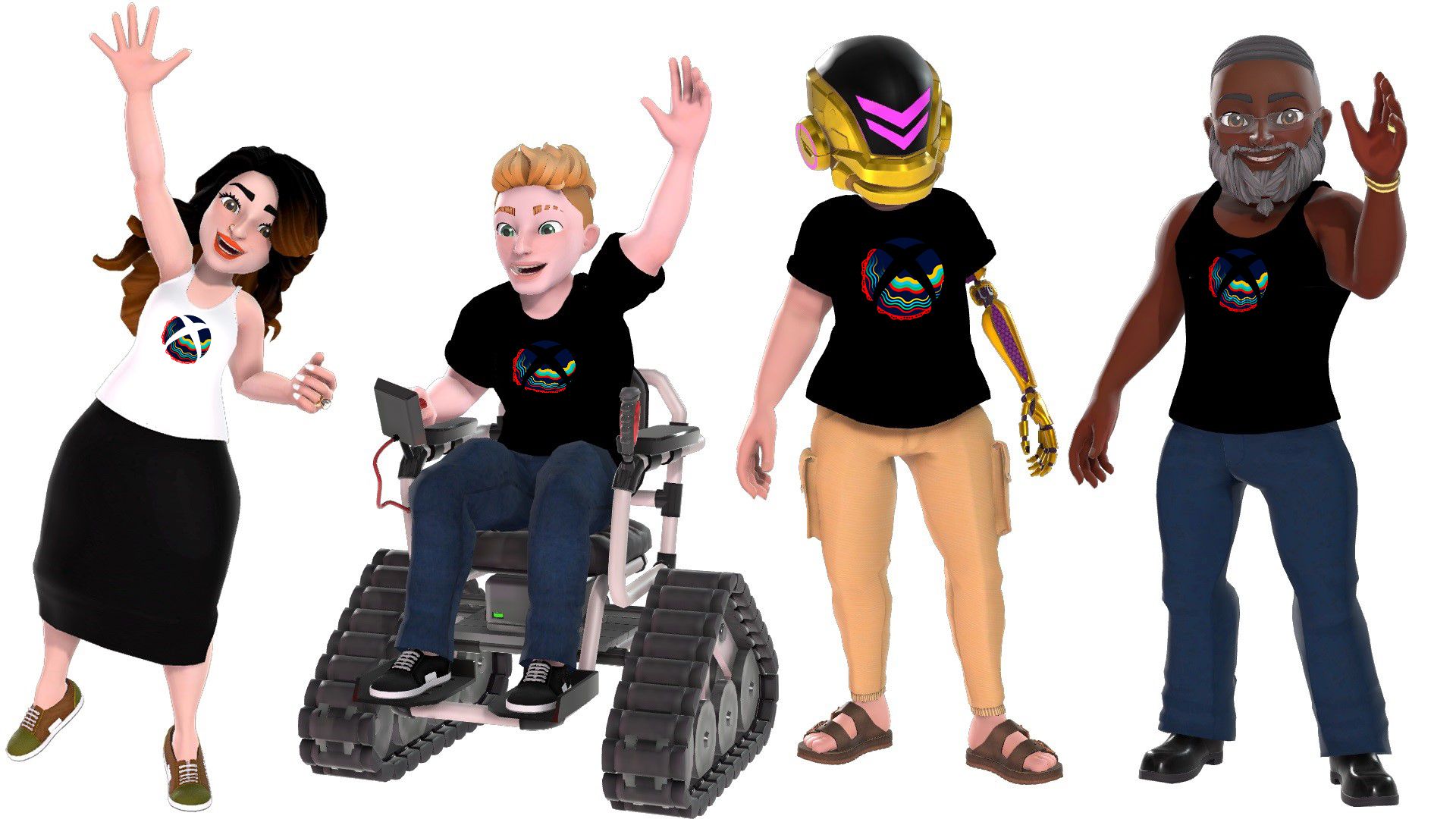 Four avatars wearing tops displaying the stylized Xbox logo featuring a Folklórico dress ruffle honoring Hispanic Heritage Month.