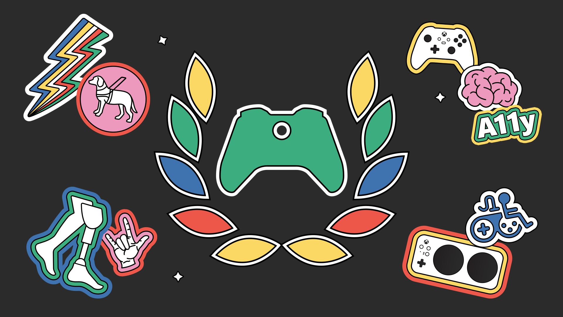 Xbox Ambassadors logo illustration to celebrate accessibility in gaming that features multiple stickers including the Xbox Adaptive Controller, the Xbox Accessibility team logo, a prosthetic leg, a service dog, a hand signing "love" in ASL, the Disability Pride multi-color zig-zag logo, an Xbox wireless controller, a brain, and the text "A11y"