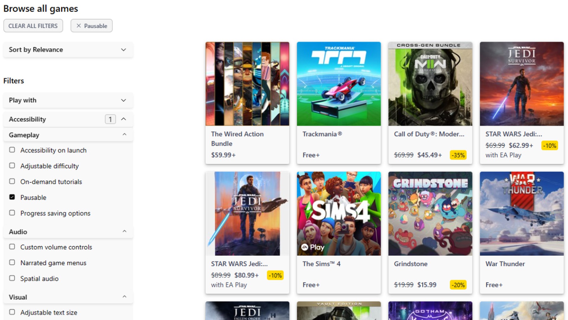 The landing page for Microsoft Store on Xbox.com, showing a filtered list of games with “Pausable” settings.
