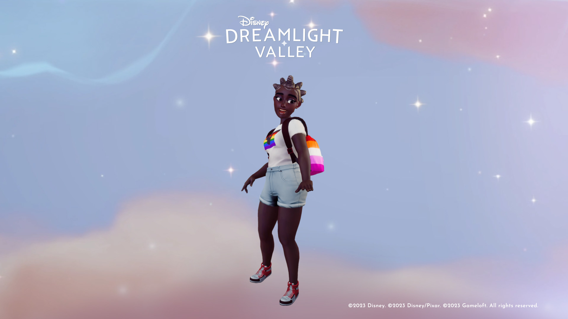 Player character wearing a Mickey logo Pride Flag T-shirt.