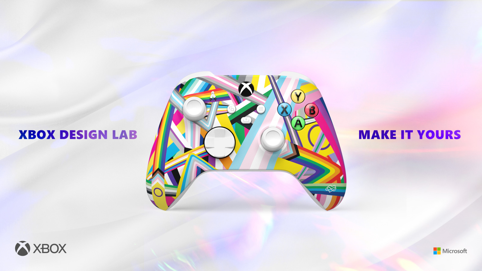 An Xbox controller featuring a pattern of 34 colorful LGBTQIA+ community flags woven together.