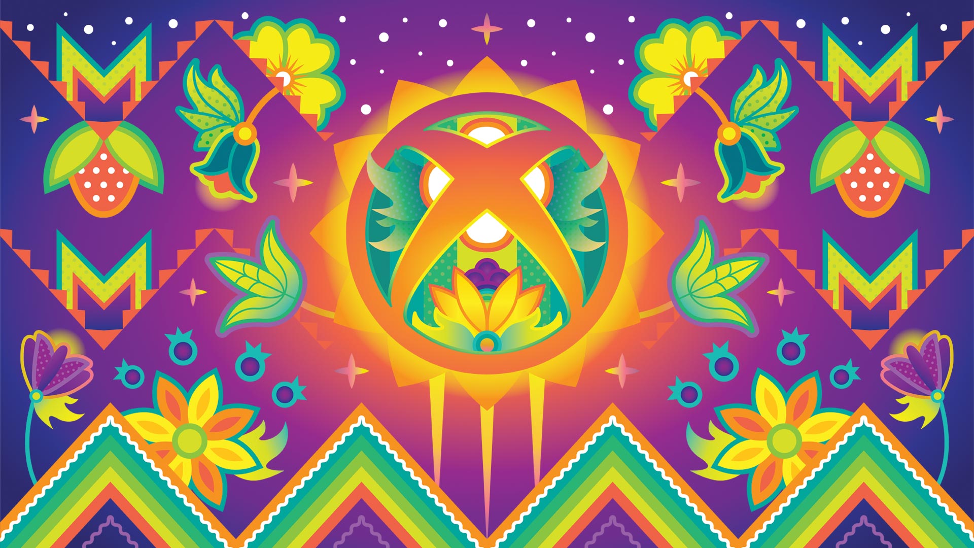 Chippewa Cree stylized Xbox logo with green, orange, and yellow flowers centered on the sun featuring a purple background with berries and colorful ribbons.
