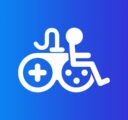 The game accessibility icon, depicting the disability symbol woven in with a game controller, is displayed in white against a blue background.