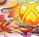 A stylized Xbox sphere in recognition of Mental Wellness Awareness featuring the sphere as a sun-like orb on a background including a planetary landscape with crystalline structures, stars, and a starship within a wavy, dream-like frame.