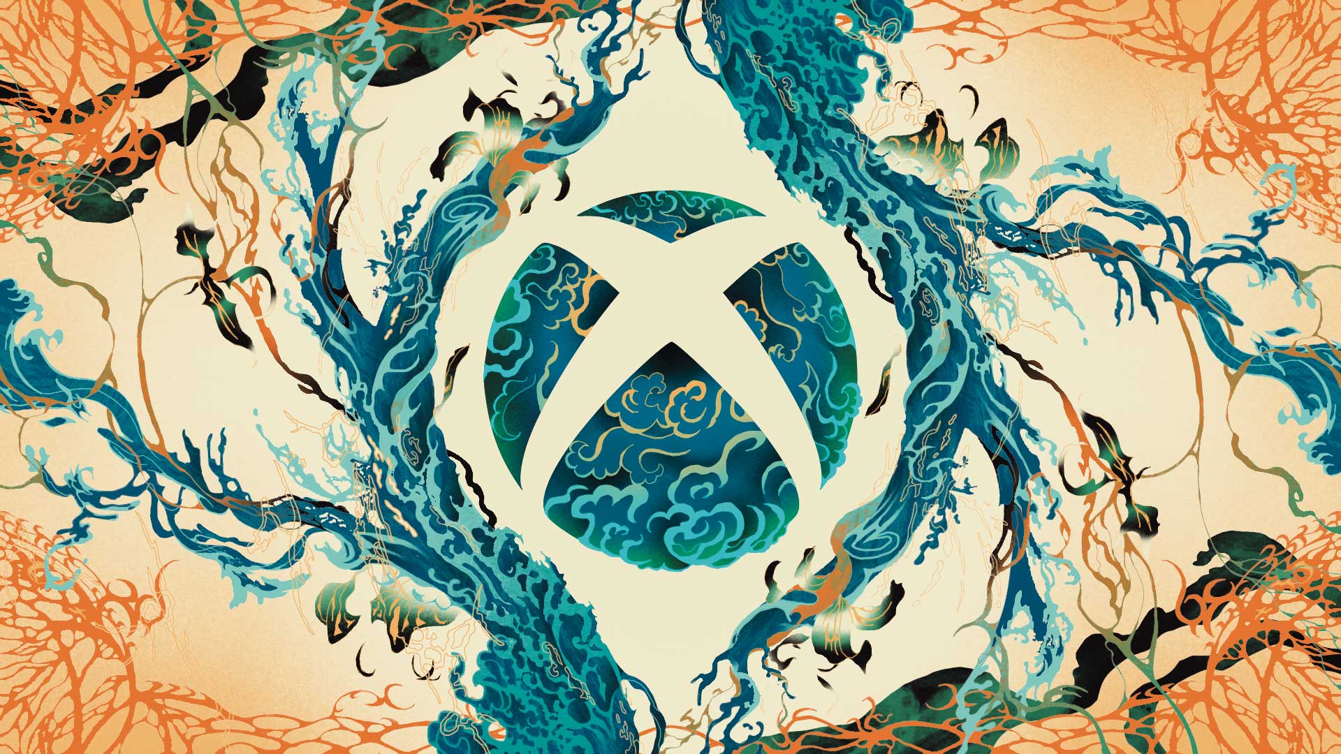 Stylized Xbox logo in celebration of Asian and Pacific Islander Heritage Month featuring a sphere with blue water and a background with blue and orange abstract structures with a root-like appearance.
