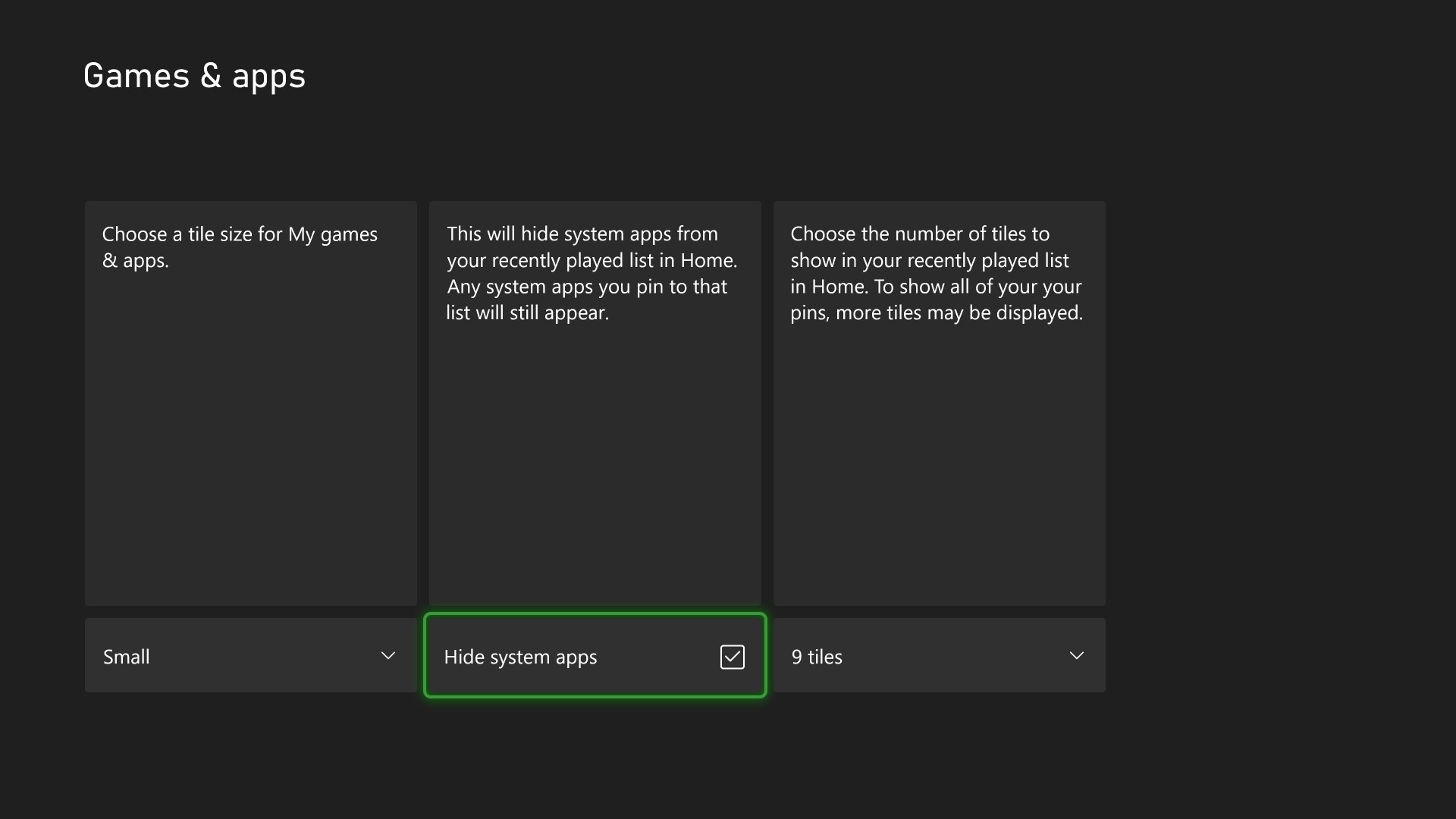 Xbox settings screen showing customization options for Home recently played games and apps list, including tile size selection, a checked box to hide system apps, and a dropdown to choose the number of visible tiles.