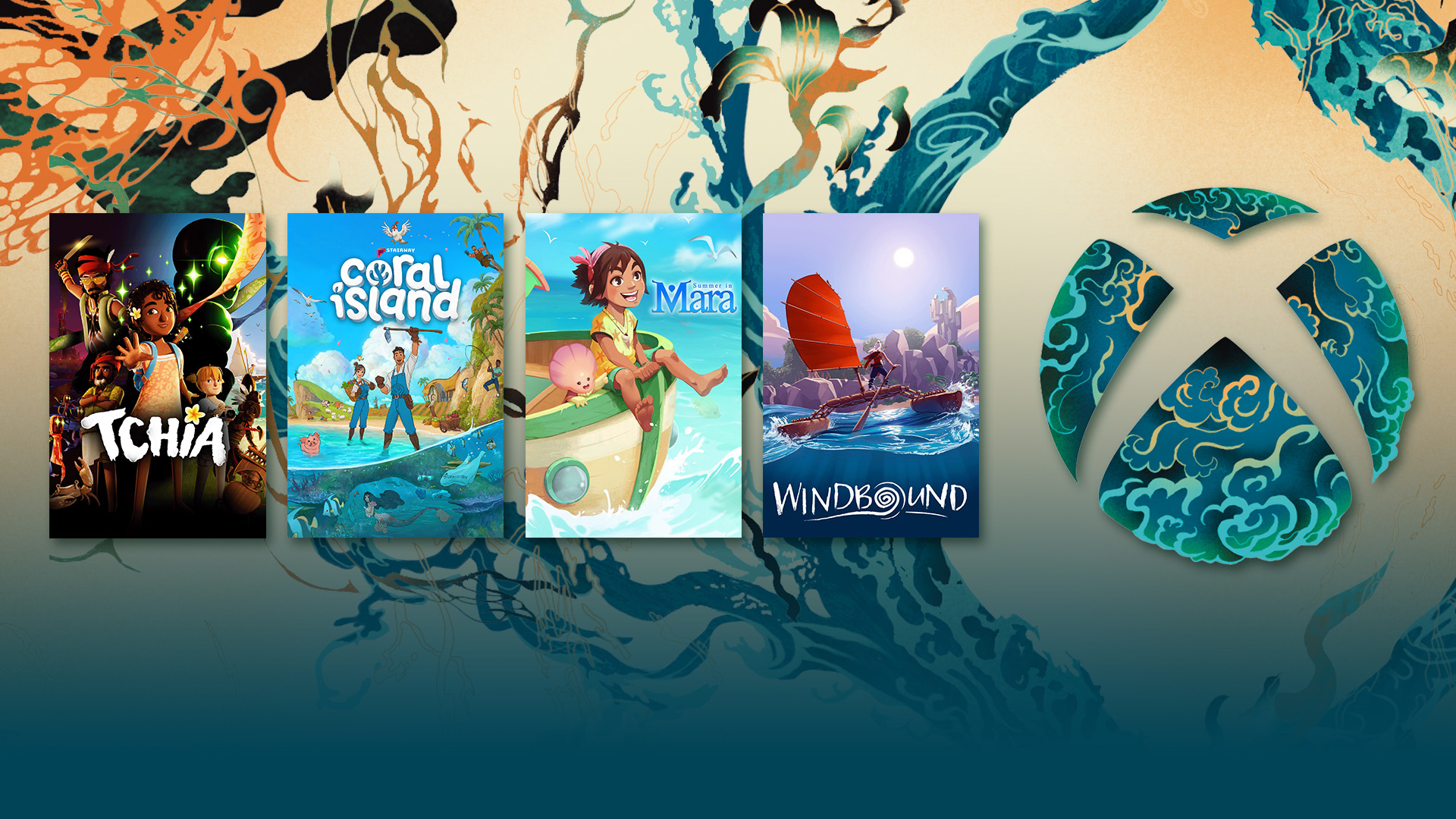 A compilation image featuring the box art for Tchia, Coral Island, Summer of Mara, and Windbound set against the hero Xbox image of AAPIH.