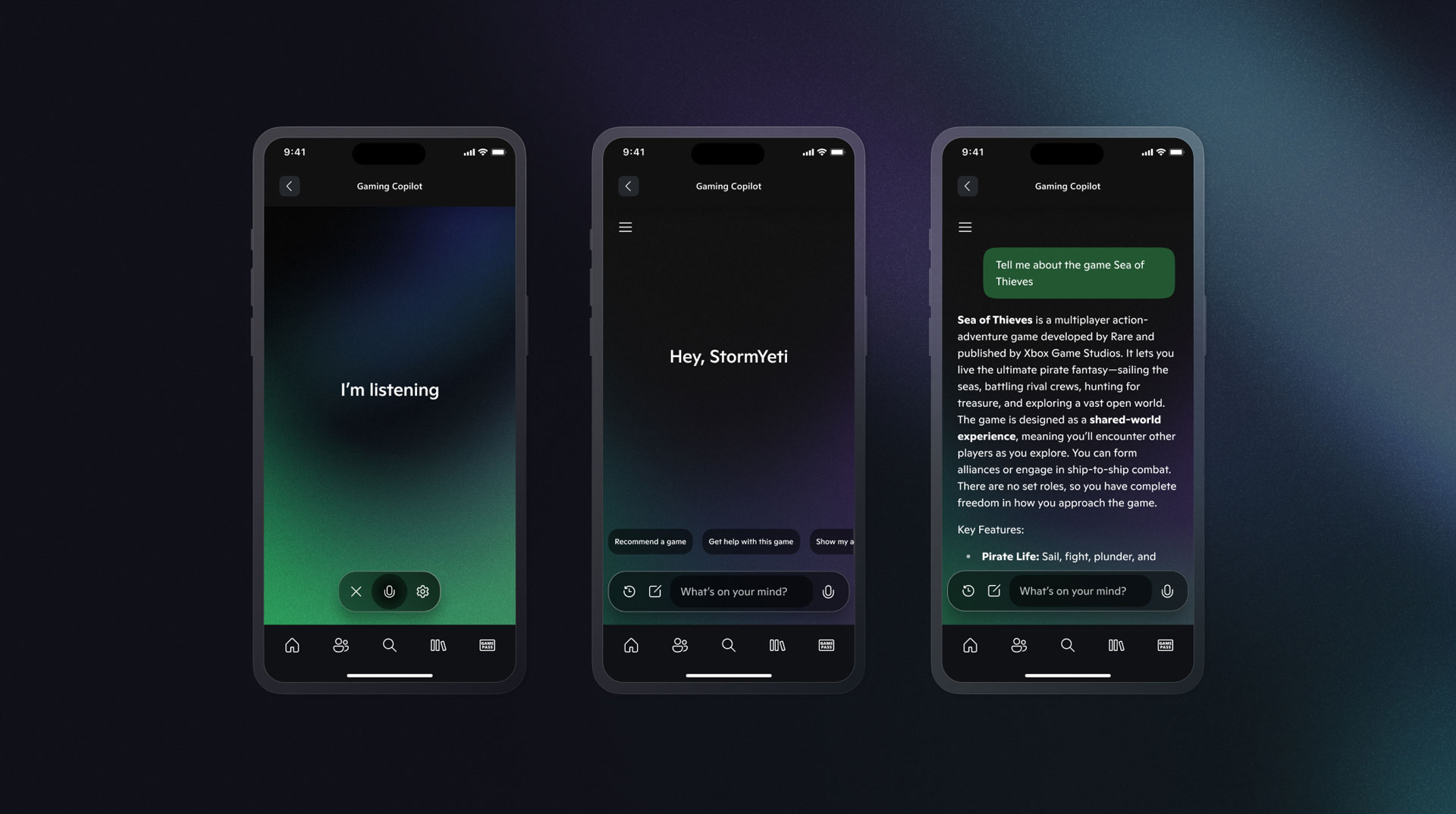 Three mobile devices laid next to each other showing a voice command conversation between a user and Copilot for Gaming. The user is asking Copilot to tell them about the game Sea of Thieves. Copilot responds via text, providing an overview of Sea of Thieves and key features.