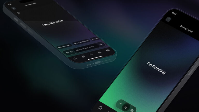 Two mobile devices set next to each other. The mobile device on the left shows Copilot for Gaming saying hello to a user named StormYeti. The mobile device on the right shows Copilot for Gaming listening to the user’s voice prompt.