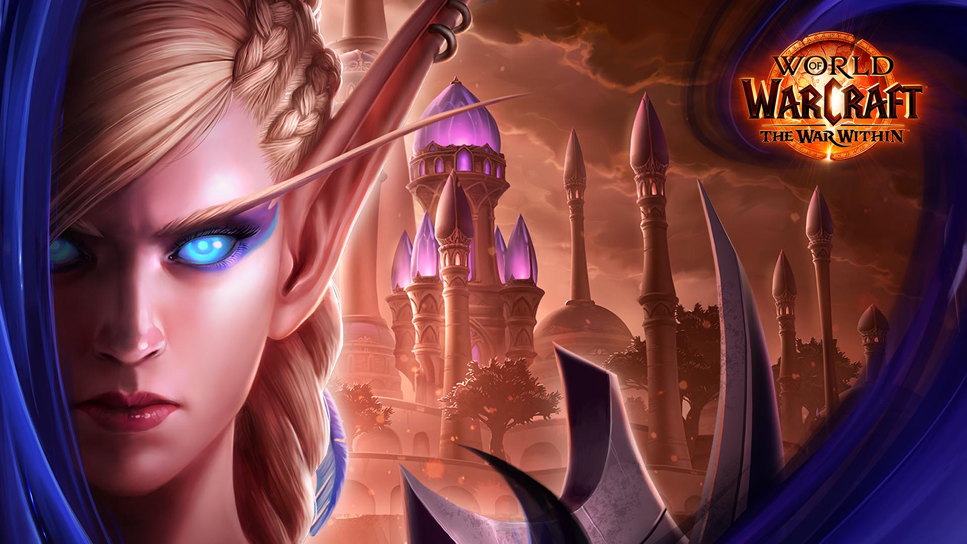 An illustration of Alleria’s face in front of the city of Dalaran, framed by stylized purple smoke. The World of Warcraft: The War Within logo is imposed in the top-right corner.