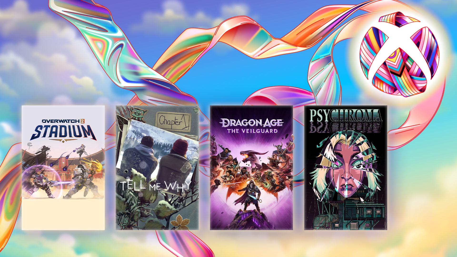 A compilation image featuring the box art for Psychroma, Overwatch 2, Dragon Age: The Veilguard and Tell Me Why including a stylized Xbox logo in support of Pride including colorful trailing ribbons wrapping around the sphere on a pastel sky background.