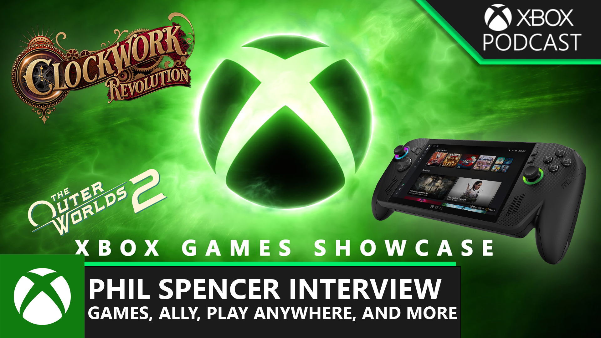 Xbox Games Showcase logo with Xbox Ally and Clockwork Revolution logo for the podcast