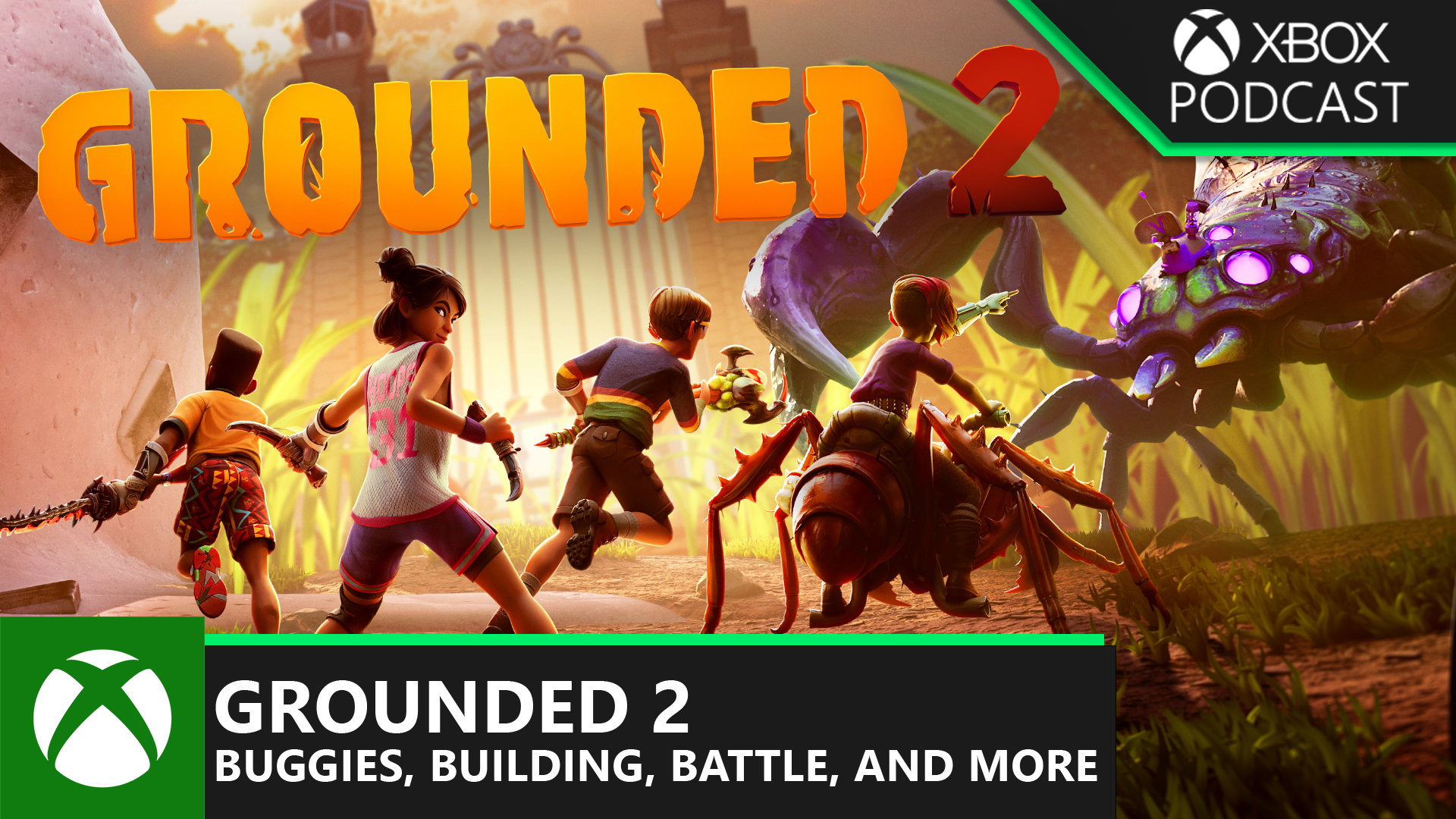 Four shrunk down teens fighting a scorpion in Grounded 2 for Xbox Podcast