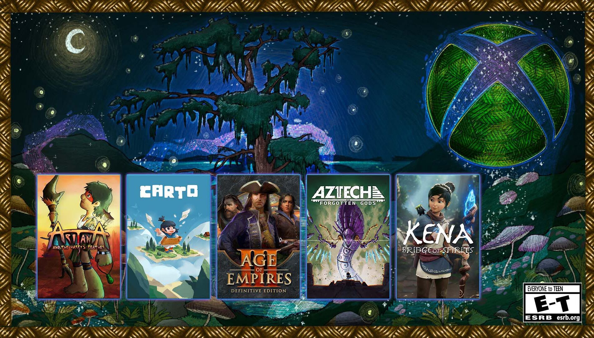 A stylized Xbox logo in support of International Day of the World’s Indigenous Peoples featuring the Xbox sphere with a green basket weave texture on a background with a night sky, a cypress tree, mushrooms, twinkling lights, and basket weave border.