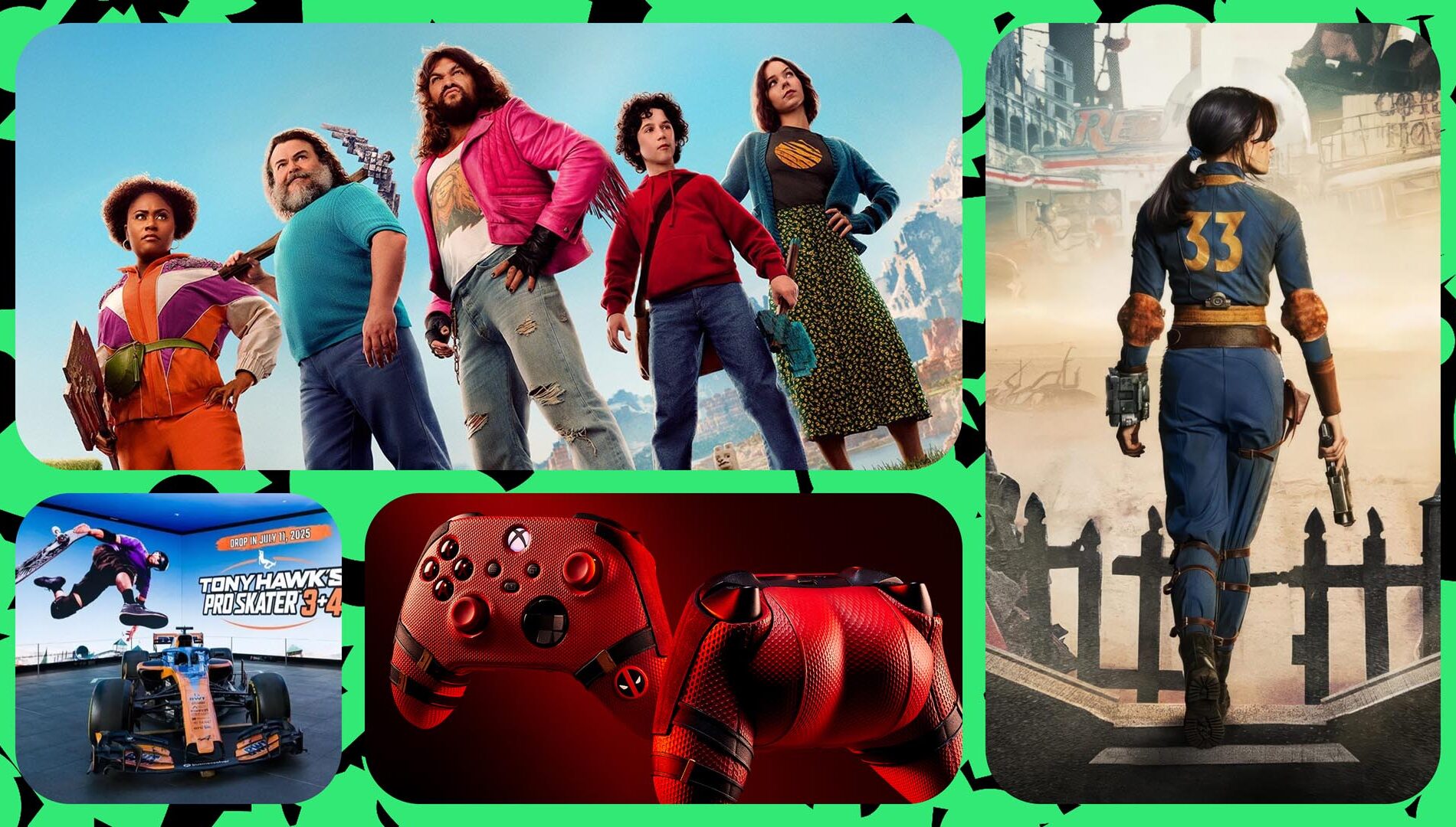 Culture of Play Infographic showing a images of the Minecraft movie, the Fallout TV show, a Tony Haw's Pro Skater event, and the Deadpool Xbox controller