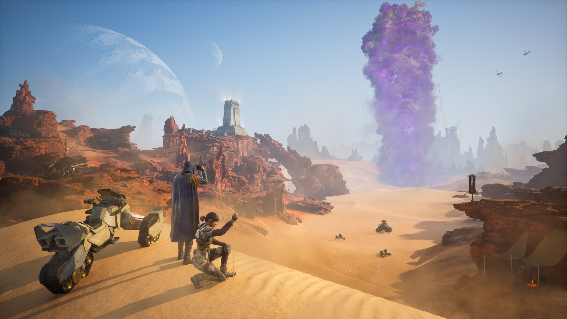 Official Dune: Awakening screenshot: hooded scout with binoculars and stillsuit companion overlooking dunes, fortress rocks, and a towering purple sandstorm (Xbox Wire / Funcom)