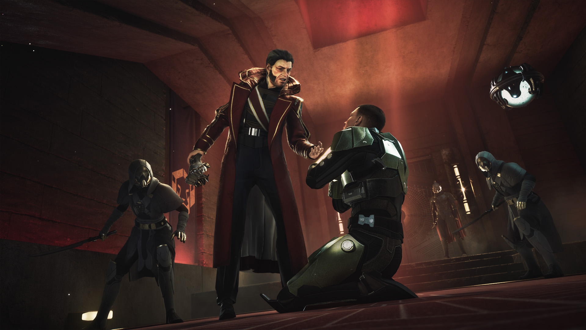 Official Dune: Awakening screenshot: red-coated Harkonnen figure confronting a kneeling armored soldier in a brutalist crimson hall (Xbox Wire / Funcom)