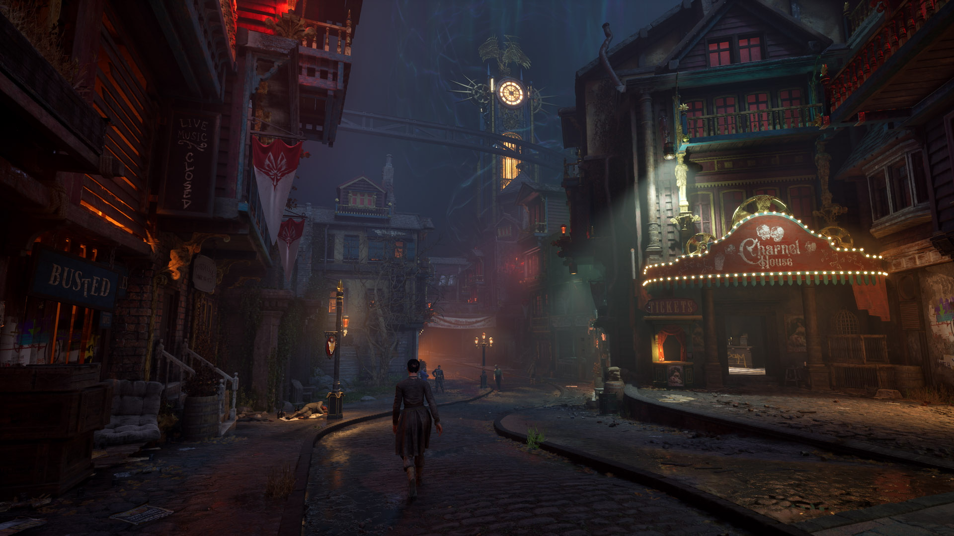 People walk a dim, tight street lined with shops and lit storefronts, some doors open for entry. A large glowing tower rises in the distance.