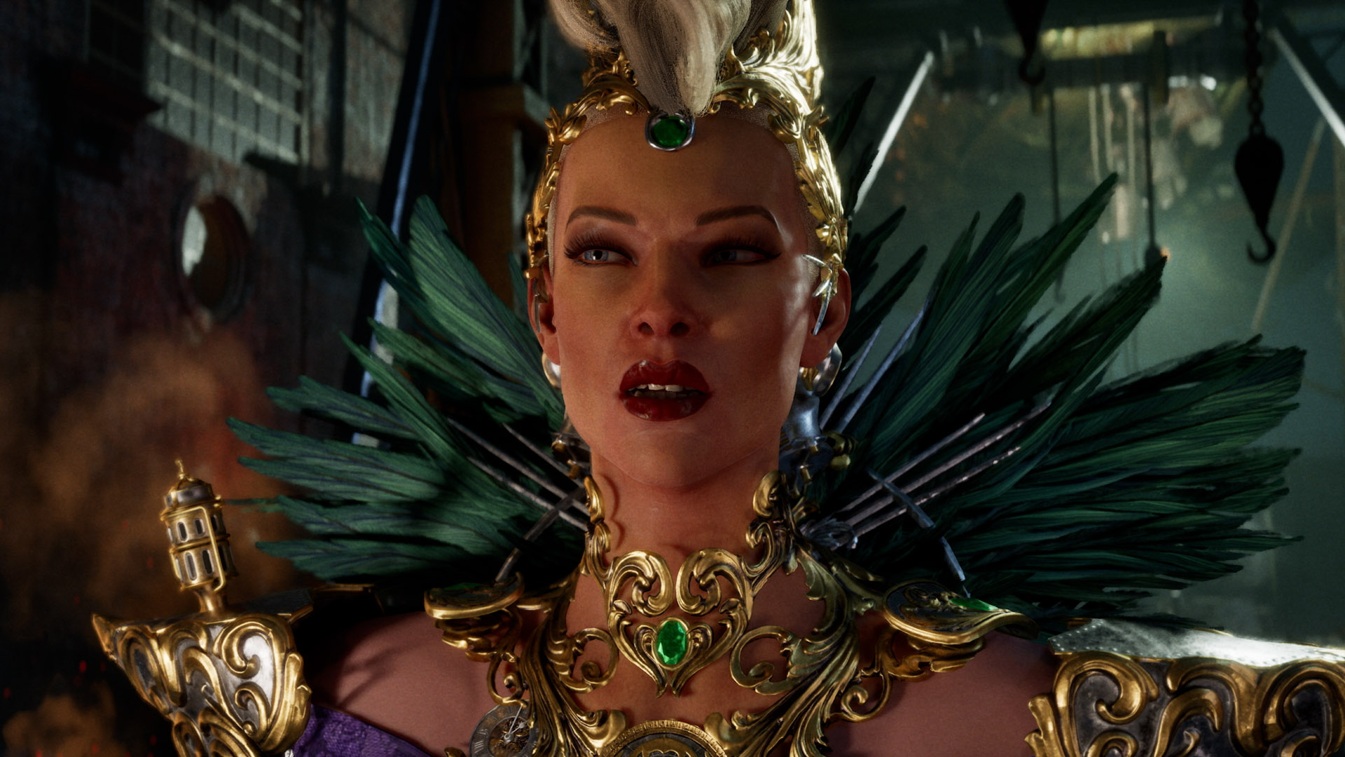 Lady Ironwood, adorned with ornate gold jewelry and green feathers, stands half-lit in shadow, staring menacingly as she speaks.