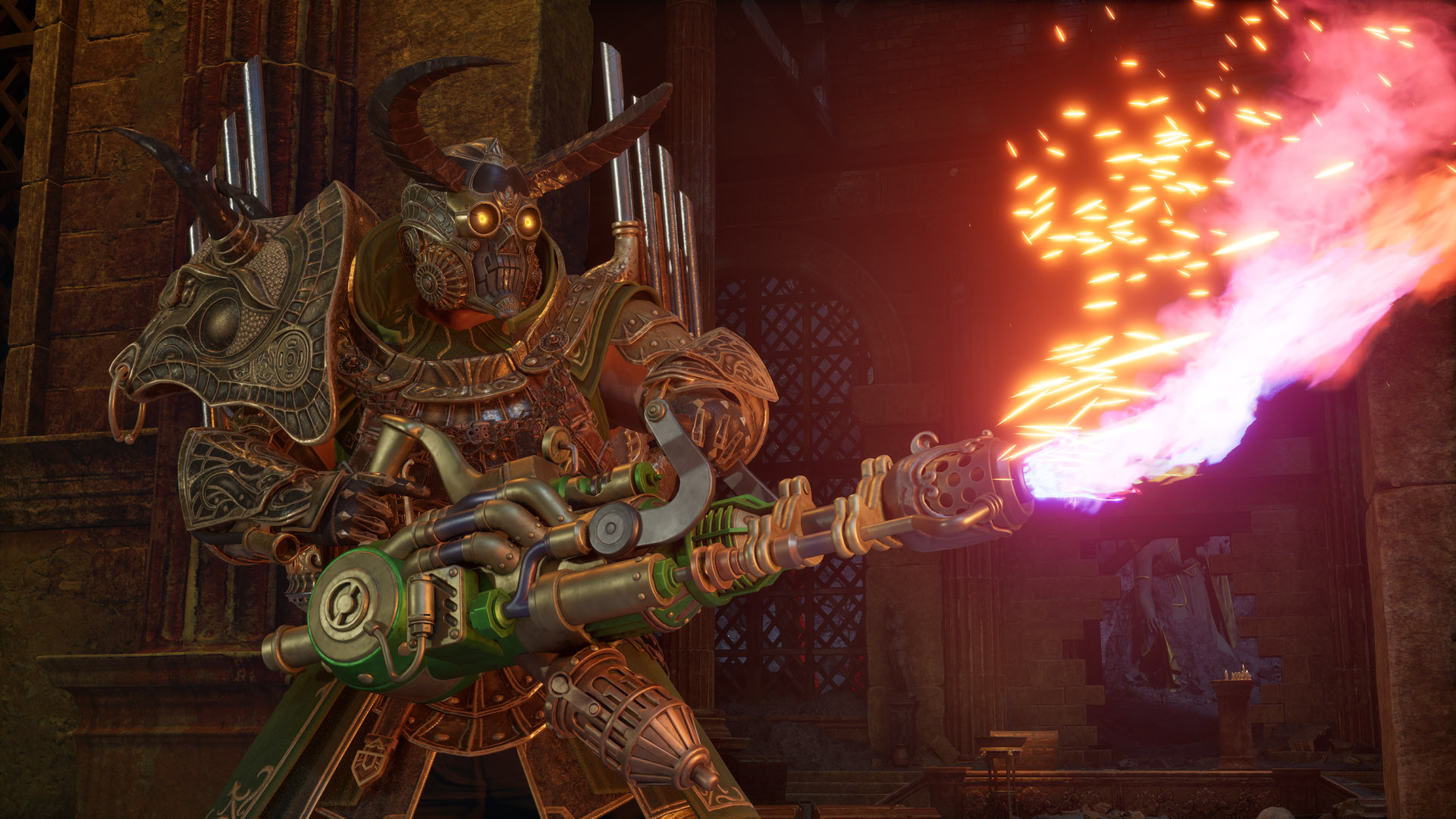 A heavily armored enemy fires flames from a large weapon. It wears a horned mask with glowing yellow eyes and intricate gold-plated armor.