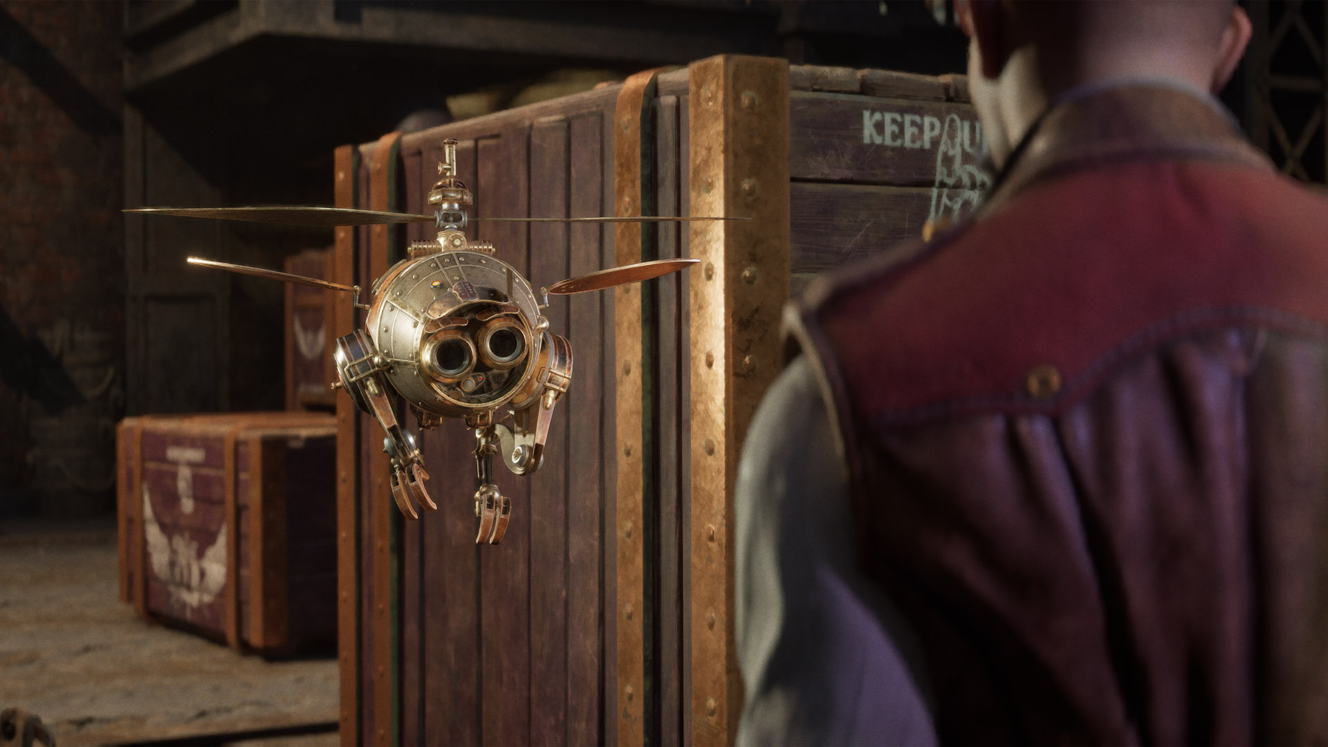 A small flying automaton, Prentice, speaks in a warehouse—brass with rivets, birdlike legs, and spinning blades.