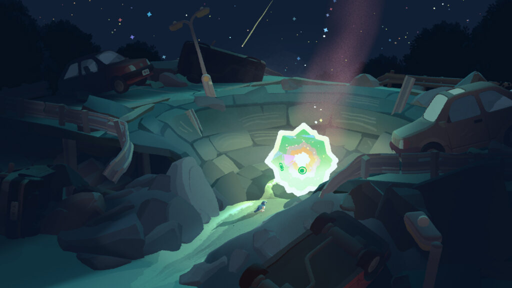 A small magpie tentatively approaches an alien-looking fallen star that has crash landed into a multistory car park. Shooting stars decorate the night sky.