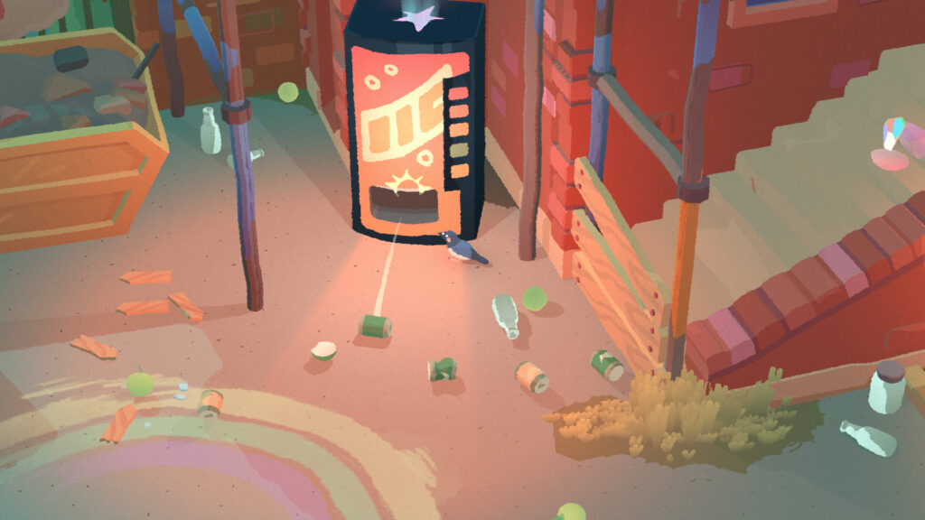 A magpie stands in an abandoned schoolyard at dusk, surrounded by scattered cans and bottles. It has just pecked a vending machine, which spits out a soda can.