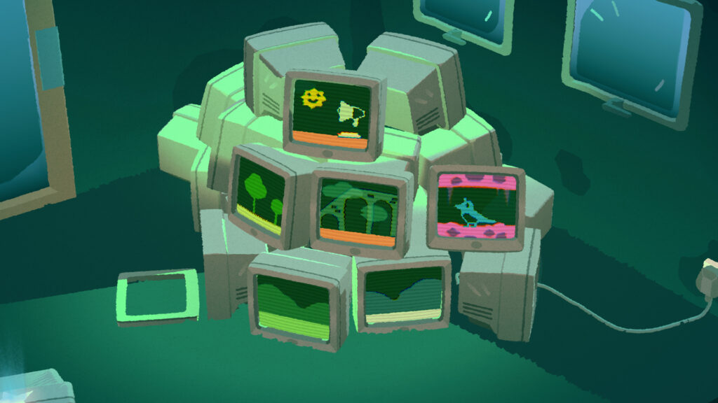 A 2D magpie appears on one of the screens of a pile of old CRT monitors depicting a pixelated adventure game. The screens glow green in the dark of the room.