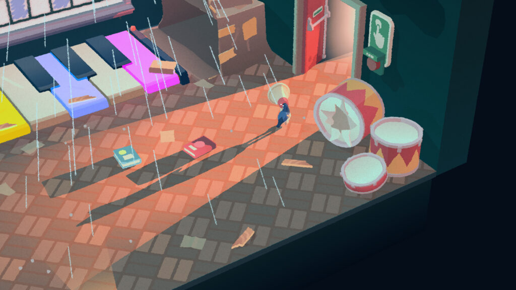 A magpie holding a megaphone stands before an open fire door in the music room of an abandoned school. There is a sense that the magpie has been up to mischief, evidenced by the active fire alarm sprinklers, a giant keyboard with keys held down, and a drumkit with a torn skin.