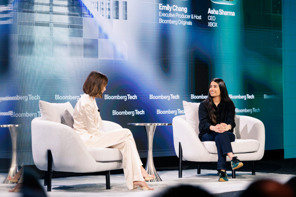 Asha Sharma speaking with Emily Chang on stage at Bloomberg Tech Summit San Francisco June 2026.
