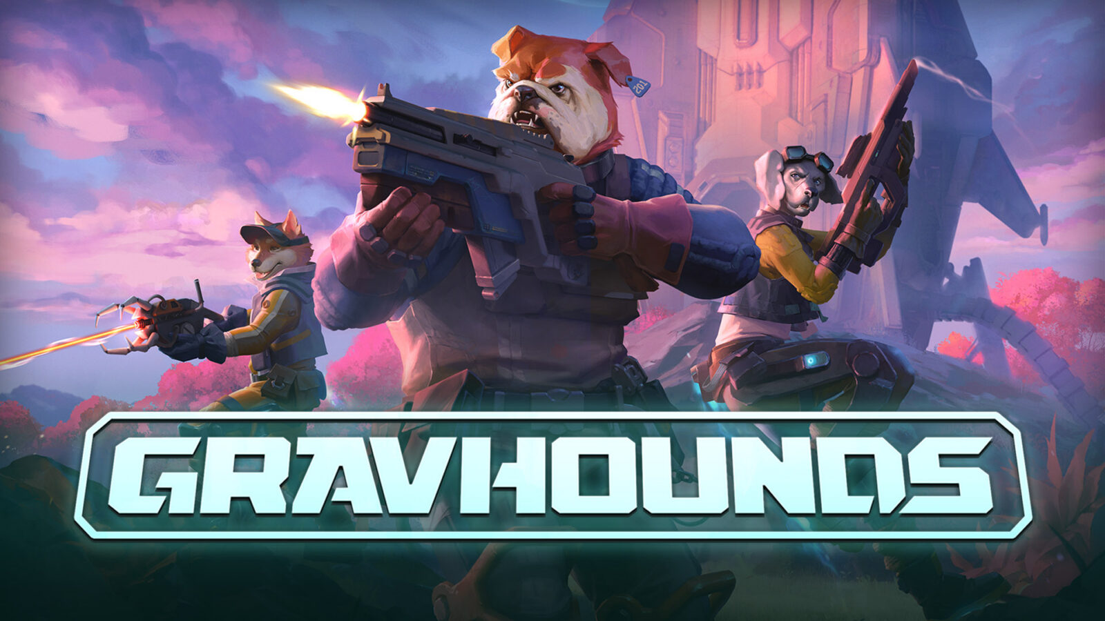 Tres perros bioingenierizados armados frente a un planeta alienígena en el arte oficial de Gravhounds