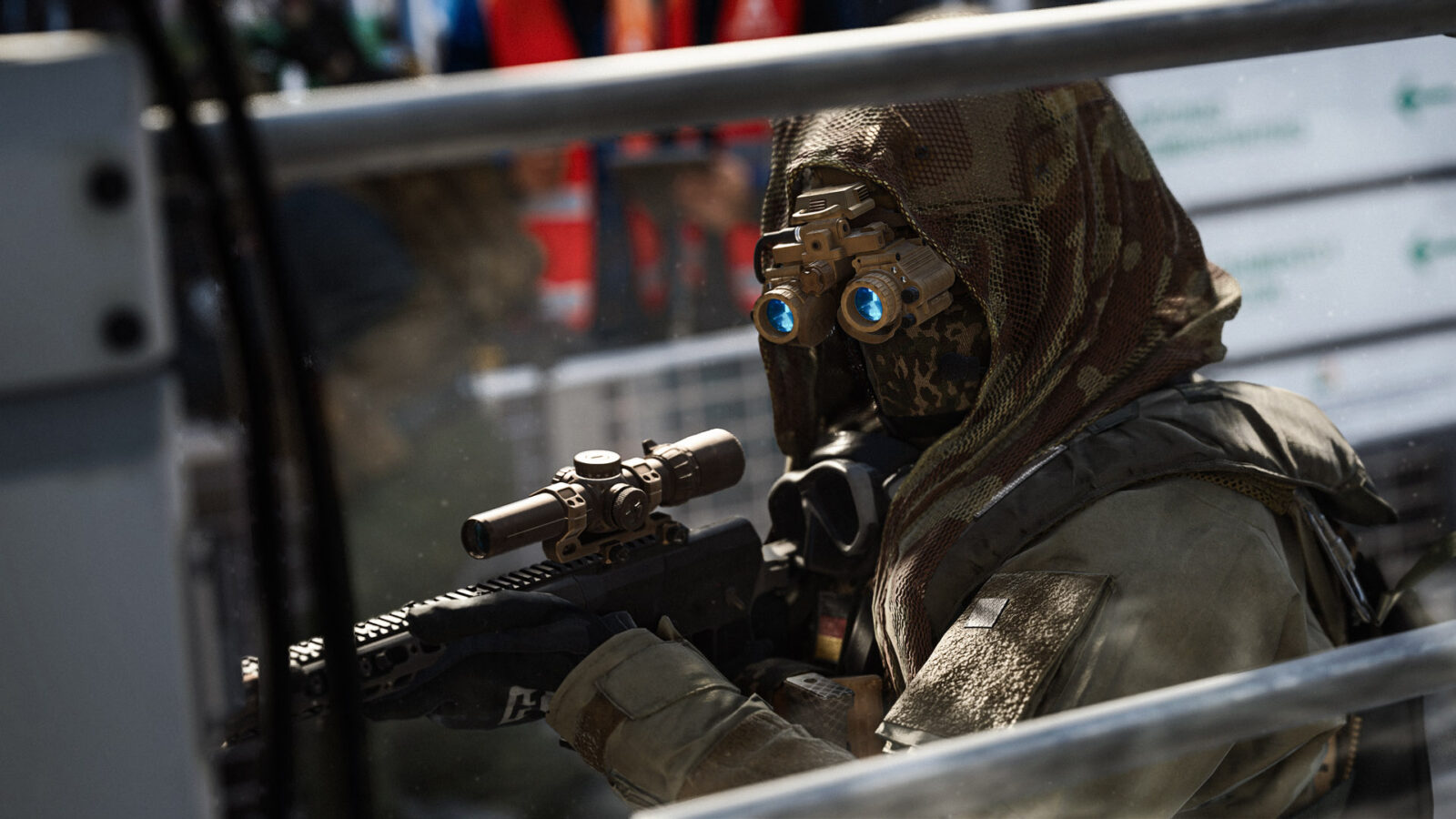 A Modern Warfare 4 operator aiming a scoped rifle through a vehicle window on the Lithium map