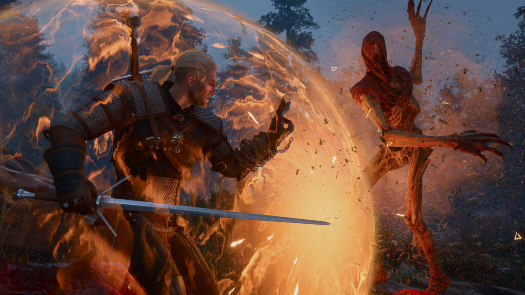 Geralt combate a un Swarmion con espada y magia en una imagen oficial de The Witcher 3: Songs of the Past