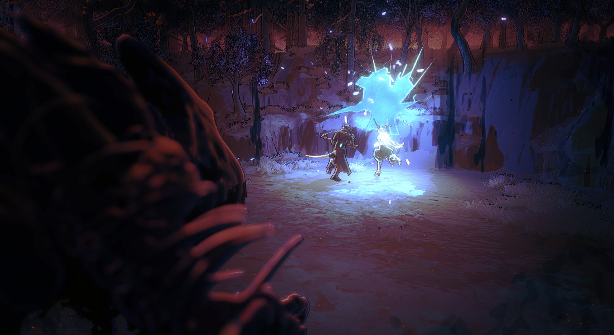 Official Shape of Dreams screenshot: two Travelers in a dark dream forest beside a shattering cyan energy burst while a boss silhouette frames the shot (Xbox Wire / Lizard Smoothie)