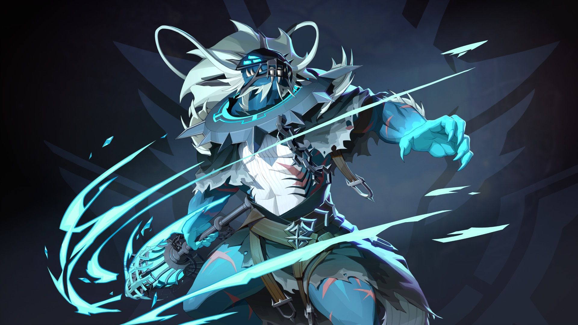 Official Shape of Dreams art: Cetus, the blue-skinned frost Traveler with cage mask, glowing cyan collar, and white mane swinging a radiant weapon (Xbox Wire / Lizard Smoothie)