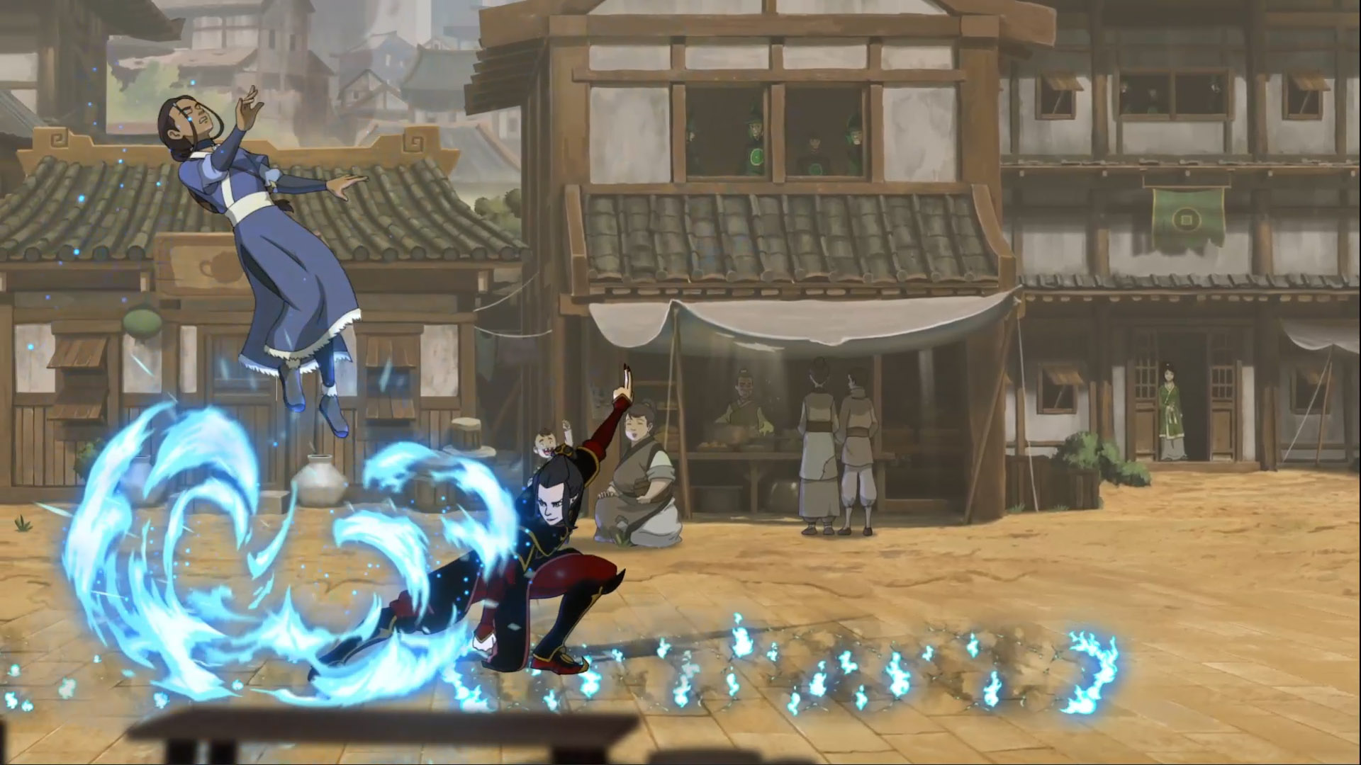 Azula launching Katara into the air with a blue fire combo on a market-street stage