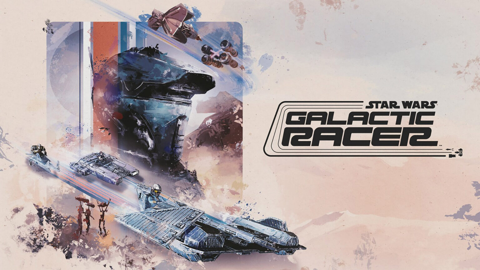 Vehículos repulsores compiten a gran velocidad en el arte oficial de Star Wars: Galactic Racer