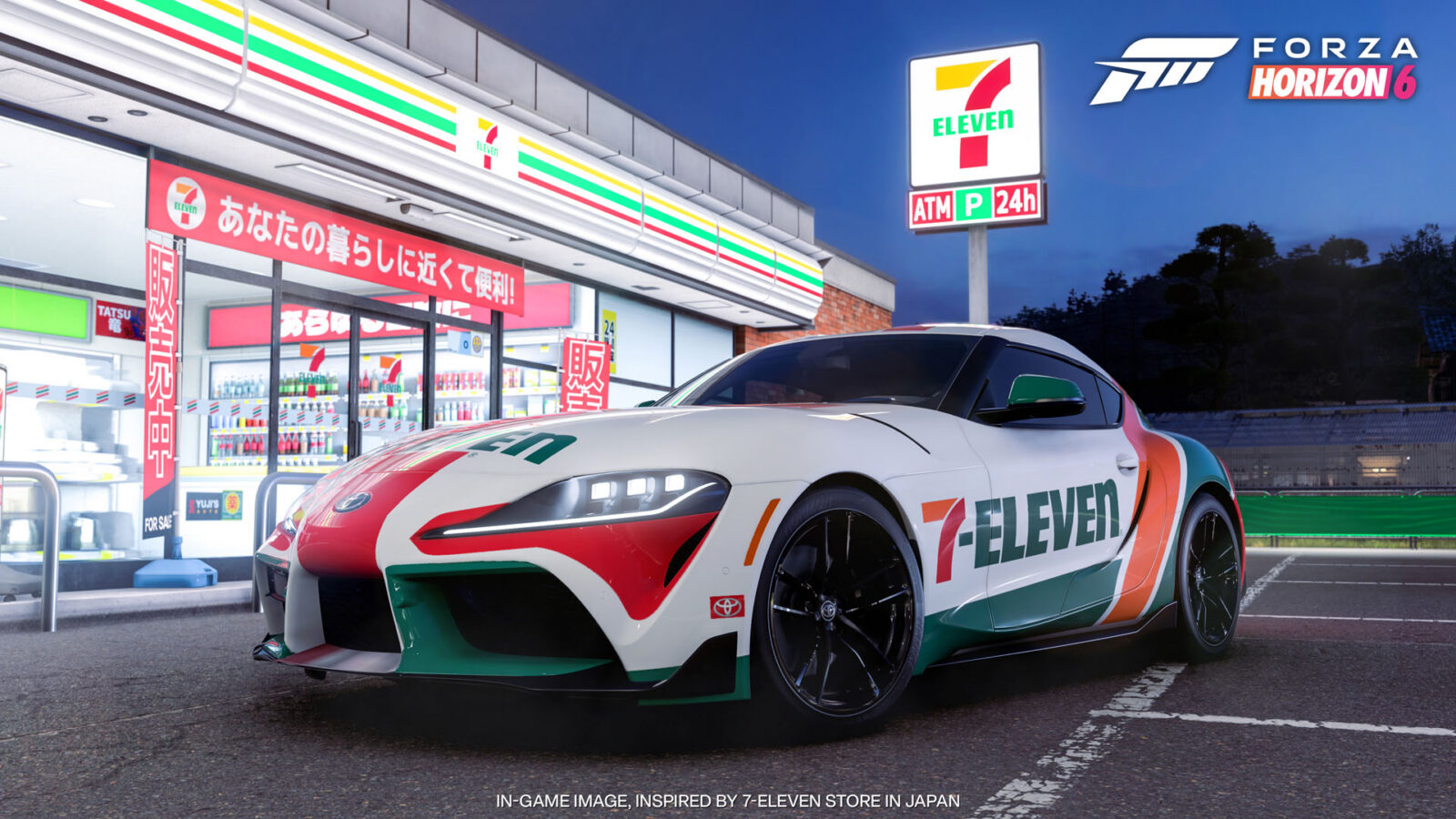 Toyota GR Supra con decoración de Forza Horizon 6 frente a una tienda de conveniencia japonesa en Nangan