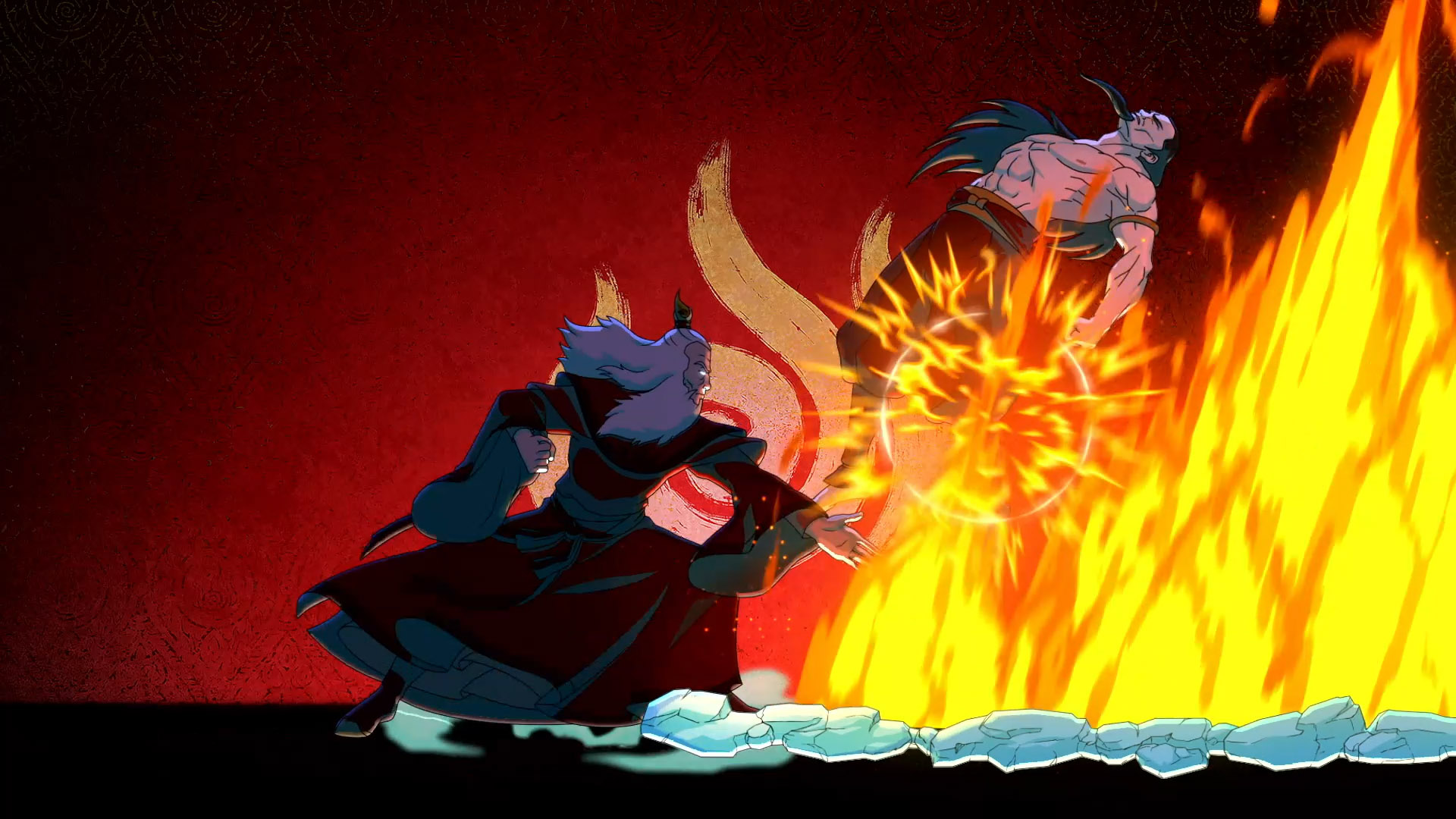 Avatar Aang transformed into Avatar Roku, unleashing a wall of fire at an opponent against a red backdrop