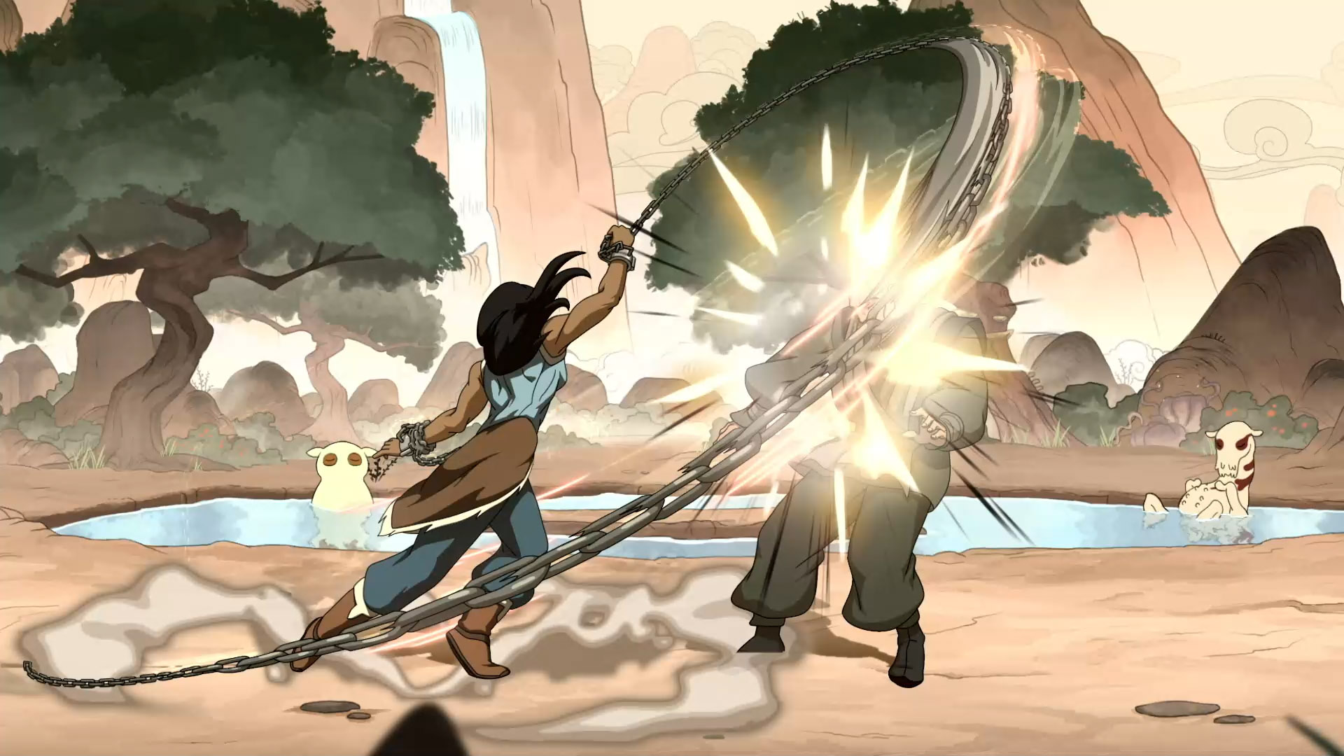Nightmare Korra whipping a chain across the screen at an opponent on a sandy stage with waterfalls behind