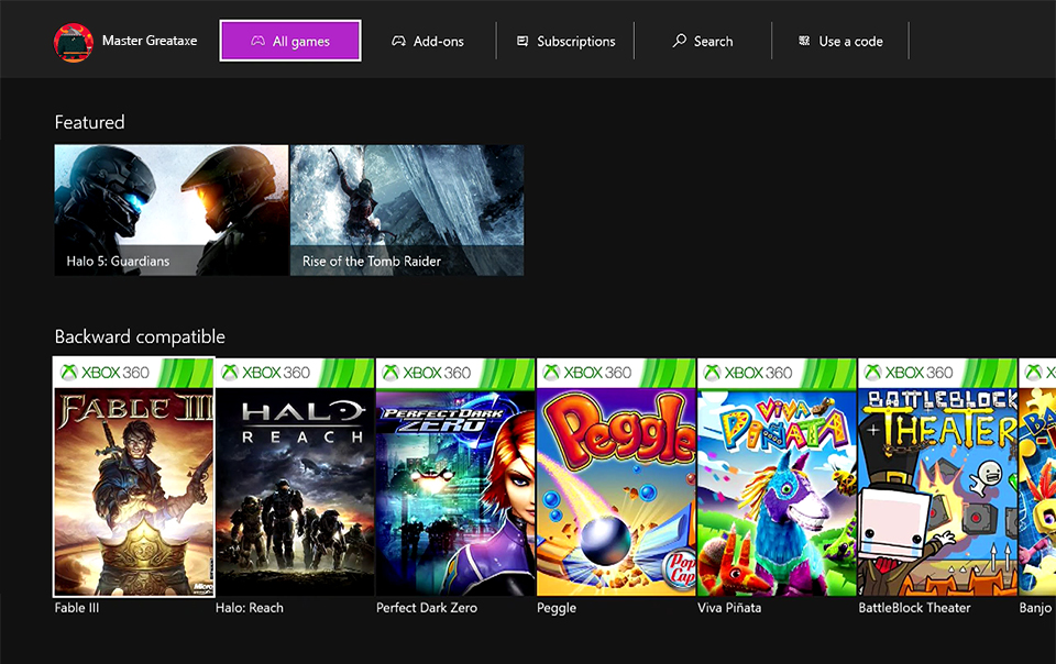 Screenshot of Backward Compatibility titles