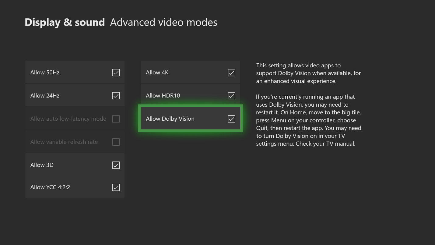 Dolby Vision Xbox One Settings UI