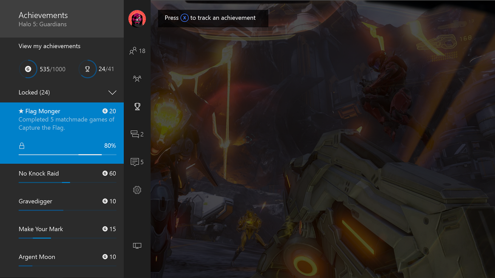 Screenshot of tracked achievement progress in the Xbox One guide